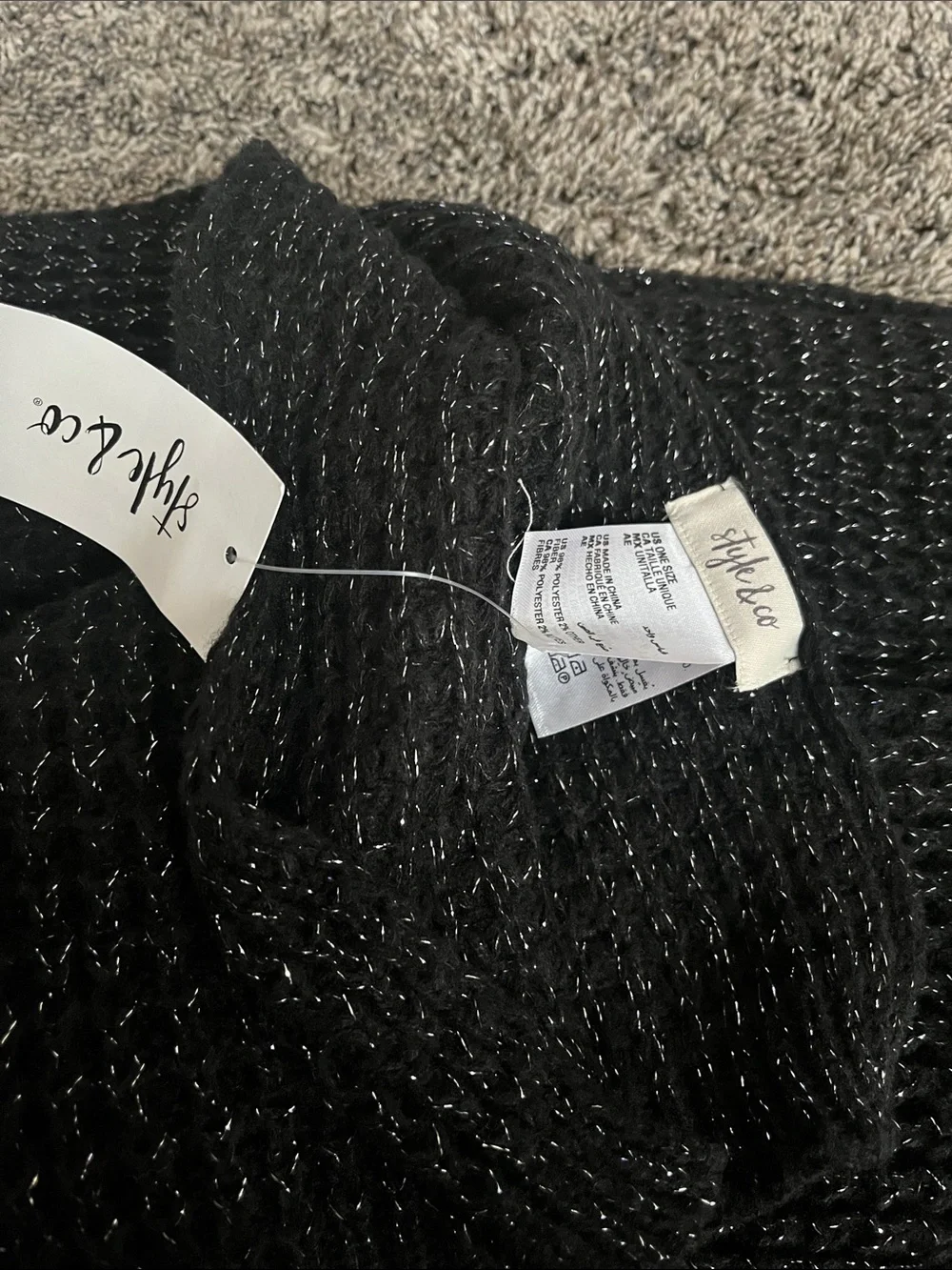 Style & Co. Black Knit Pom hat, gloves and Scarf Set! Black with some silver.